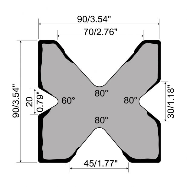 Multi-V Matrize R1 mit Höhe=90mm, α=80/60°, Material=C45, Max. Presskraft=600kN/m.