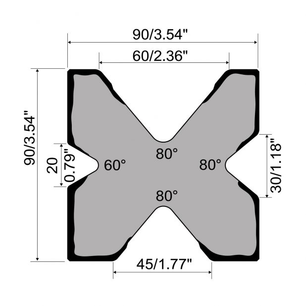 Multi-V Matrize R1 mit Höhe=90mm, α=80/60°, Material=C45, Max. Presskraft=1000kN/m.