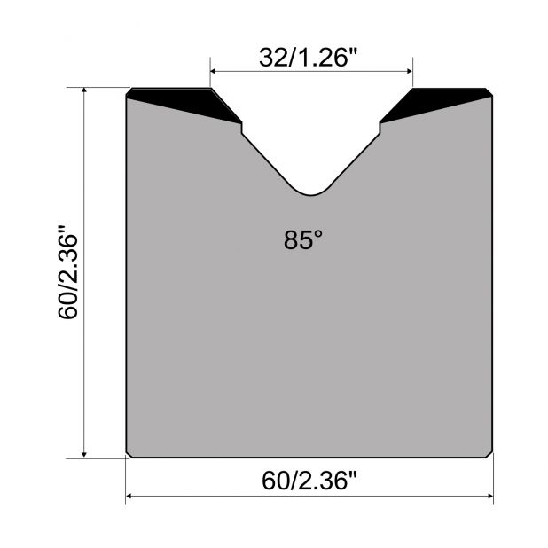 1-V Matrize R1 mit Höhe=60mm, α=85°, Radius=4mm, Material=C45, Max. Presskraft=1000kN/m.