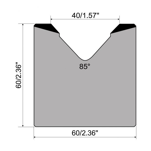 1-V Matrize R1 mit Höhe=60mm, α=85°, Radius=4mm, Material=C45, Max. Presskraft=1000kN/m.