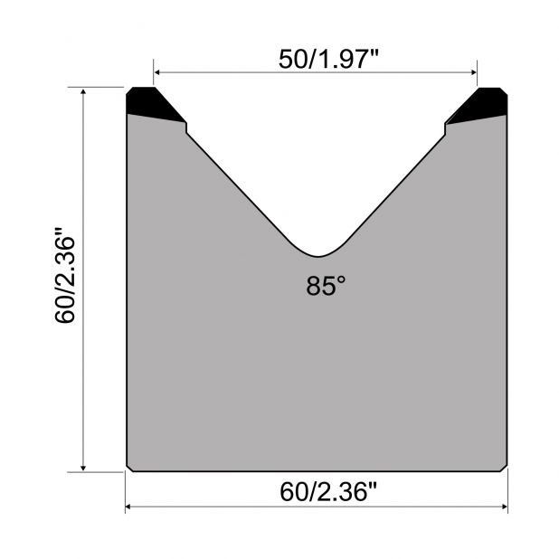 1-V Matrize R1 mit Höhe=60mm, α=85°, Radius=4mm, Material=C45, Max. Presskraft=1000kN/m.