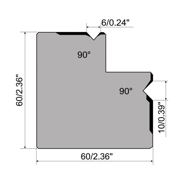 Multi-V Matrize R1 mit Höhe=60mm, α=90°, Material=C45, Max. Presskraft=1000kN/m.