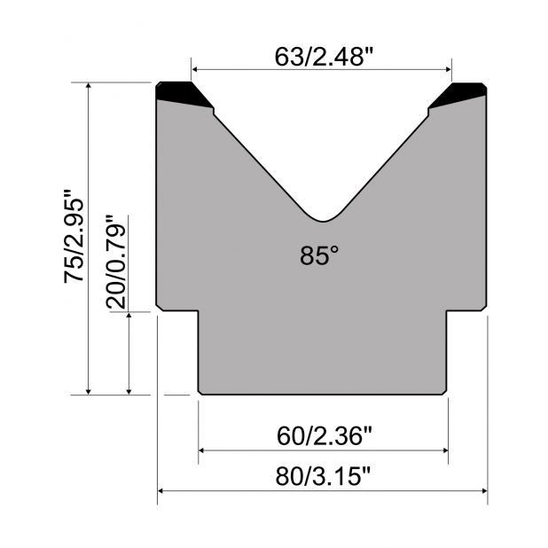 1-V Matrize R1 mit Höhe=75mm, α=85°, Radius=5mm, Material=C45, Max. Presskraft=1000kN/m.