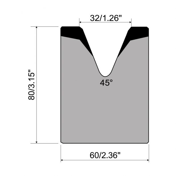 1-V Matrize R1 mit Höhe=80mm, α=45°, Radius=4mm, Material=C45, Max. Presskraft=1000kN/m.