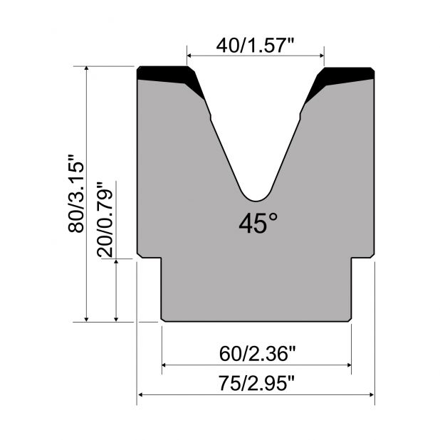 1-V Matrize R1 mit Höhe=80mm, α=45°, Radius=4mm, Material=C45, Max. Presskraft=1000kN/m.