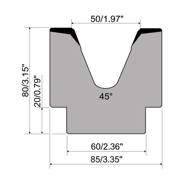 1-V Matrize R1 mit Höhe=80mm, α=45°, Radius=4mm, Material=C45, Max. Presskraft=950kN/m.