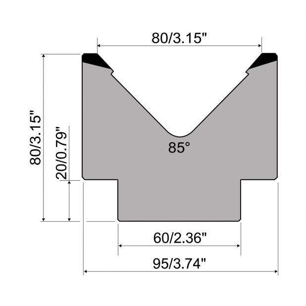 1-V Matrize R1 mit Höhe=80mm, α=85°, Radius=6mm, Material=C45, Max. Presskraft=1000kN/m.