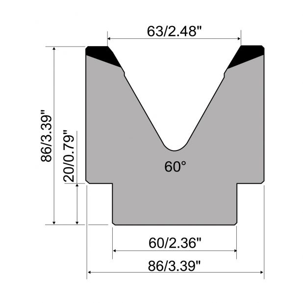 1-V Matrize R1 mit Höhe=86mm, α=60°, Radius=5mm, Material=C45, Max. Presskraft=1000kN/m.