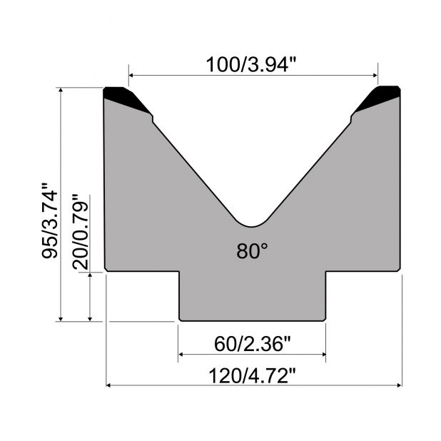 1-V Matrize R1 mit Höhe=95mm, α=80°, Radius=8mm, Material=C45, Max. Presskraft=1000kN/m.