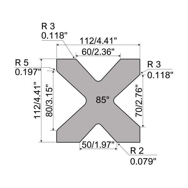 Matrize R7 Colly mit Höhe=112mm, α=85°, Radius=2,0/5,0mm, Material=c45, Max. Presskraft=800/900kN/m.