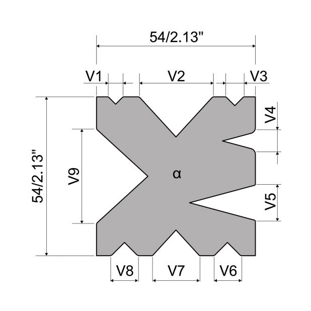 Matrize R7 Colly mit Höhe=54mm, α=30/85/90°, Radius=0,5/2,0mm, Material=c45, Max. Presskraft=500/600kN/m.