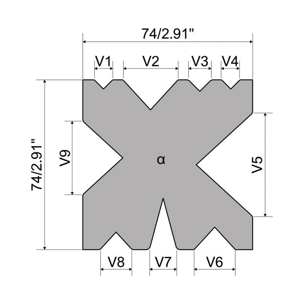 Matrize R7 Colly mit Höhe=74mm, α=30/85/90°, Radius=0,8/2,0mm, Material=c45, Max. Presskraft=500/600kN/m.