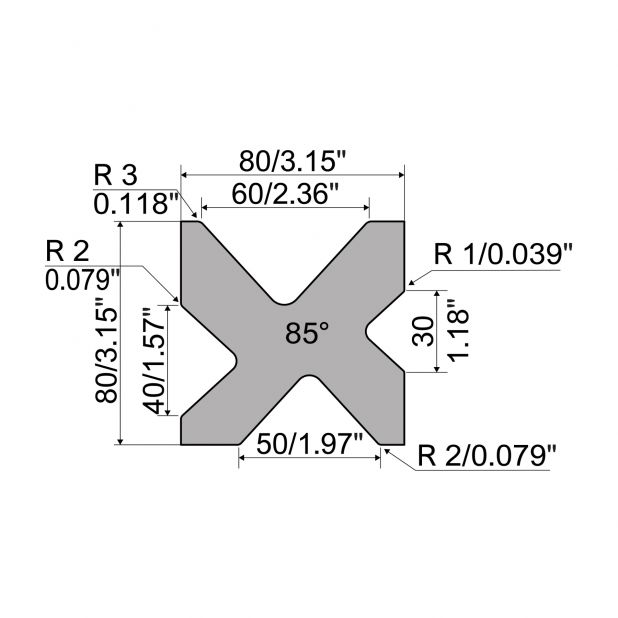Matrize R7 Colly mit Höhe=80mm, α=85°, Radius=1,0/3,0mm, Material=c45, Max. Presskraft=750kN/m.