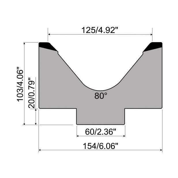 1-V Matrize R1 mit Höhe=103mm, α=80°, Radius=15mm, Material=C45, Max. Presskraft=700kN/m.