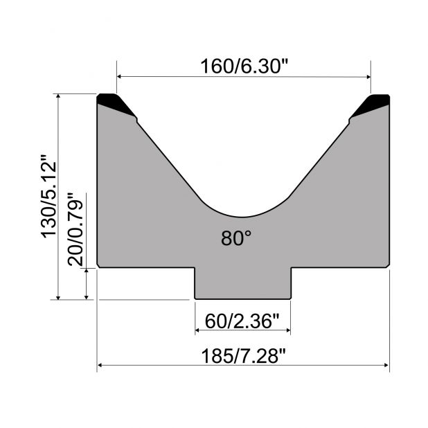 1-V Matrize R1 mit Höhe=130mm, α=80°, Radius=10mm, Material=C45, Max. Presskraft=700kN/m.