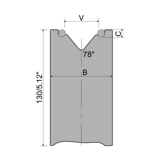 Matrize mit Einlaufwellen H=130 mm. V min.=20 mm und V max.=120 mm.