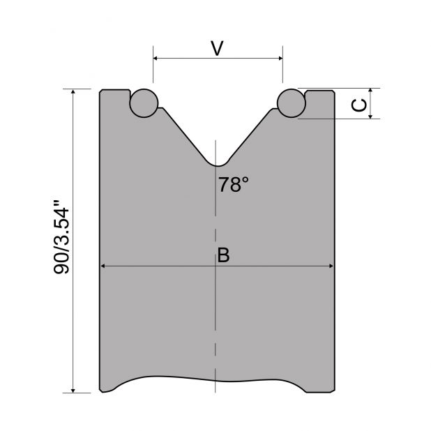 Matrize mit Einlaufwellen H=90 mm. V min=20 mm und V max.= 70 mm.