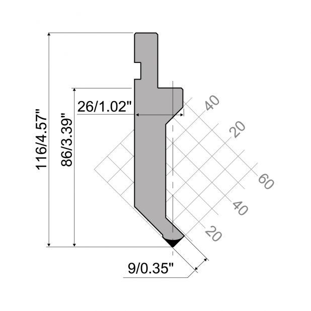 Punch R1 European type with Working height=86mm, α=88°, Radius=0,8mm, Material=C45, Max. load=400kN/m.