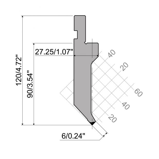 Punch R1 European type with Working height=90mm, α=85°, Radius=1mm, Material=42Cr, Max. load=800kN/m.