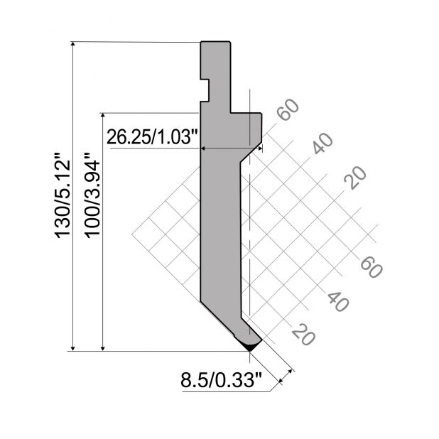 Oberwerkzeug R1 mit Arbeitshöhe=100mm, α=88°, Radius=0,25mm, Material=C45, Max. Presskraft=400kN/m.