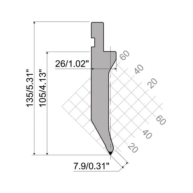 Punch R1 European type with Working height=105mm, α=60°, Radius=0,8mm, Material=42Cr, Max. load=800kN/m.