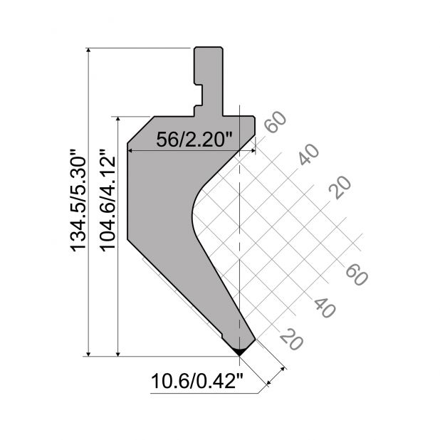 Punch R1 European type with Working height=100mm, α=88°, Radius=0,8mm, Material=C45, Max. load=400kN/m.