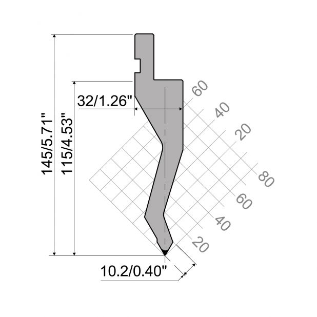 Punch R1 European type with Working height=115mm, α=60°, Radius=0,8mm, Material=42Cr, Max. load=700kN/m.