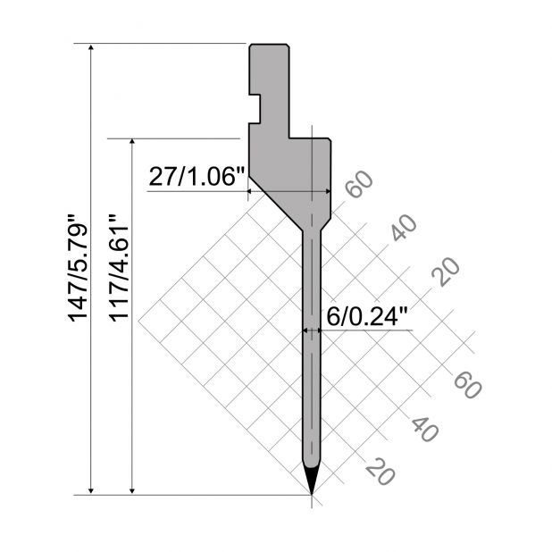 Punch R1 European type with Working height=117mm, α=26°, Radius=0,8mm, Material=42Cr, Max. load=500kN/m.