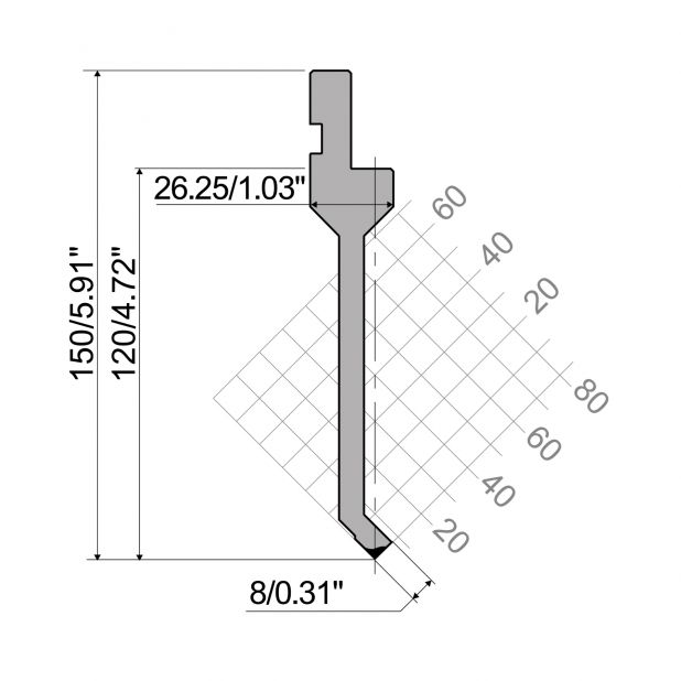 Punch R1 European type with Working height=120mm, α=88°, Radius=0,6mm, Material=42Cr, Max. load=350kN/m.