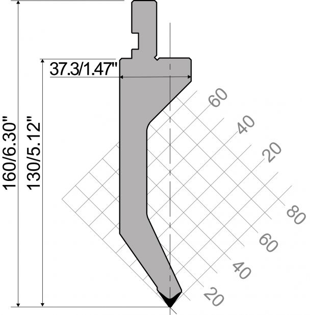 Punch R1 European type with Working height=130mm, α=70°, Radius=3mm, Material=42Cr, Max. load=450kN/m.