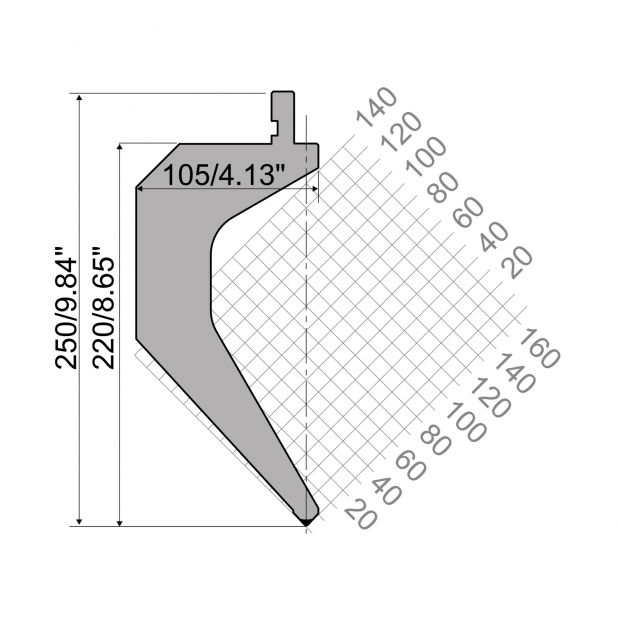 Punch R1 European type with Working height=220mm, α=85°, Radius=1,5mm, Material=42Cr, Max. load=850kN/m.