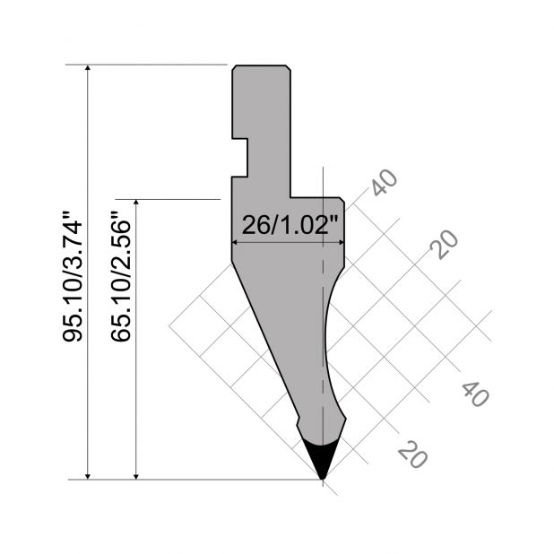 Punch R1 European type with Working height=65,1mm, α=45°, Radius=1,5mm, Material=C45, Max. load=800kN/m.