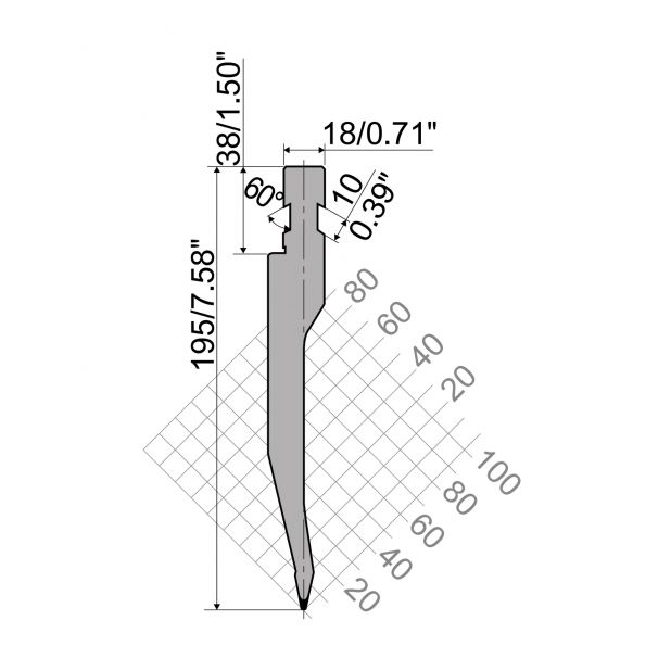 Oberwerkzeug R8 Colgar mit Höhe=195mm, α=26°, Radius=0,8mm, Material=42cr, Max. Presskraft=1000kN/m.