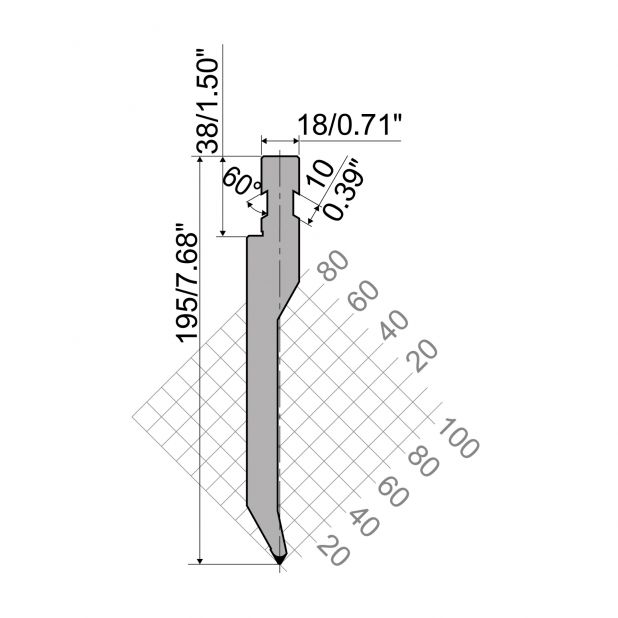 Oberwerkzeug R8 Colgar mit Höhe=195mm, α=60°, Radius=0,8mm, Material=42cr, Max. Presskraft=1000kN/m.