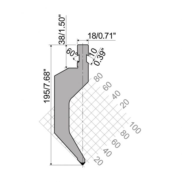 Oberwerkzeug R8 Colgar mit Höhe=195mm, α=85°, Radius=0,8mm, Material=42cr, Max. Presskraft=850kN/m.