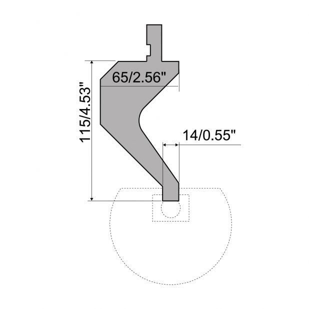 "Radius and Hemming punch R1 European type with Working height=105mm, Material=C45, Max. load=800kN/m. To use