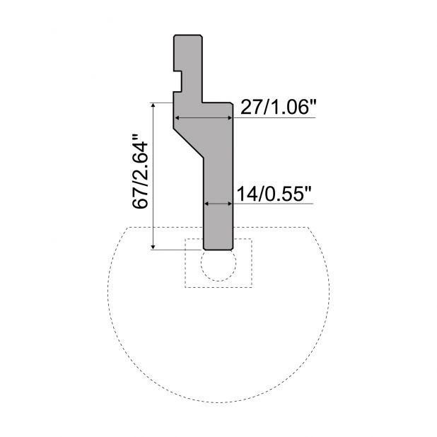 "Radius and Hemming punch R1 European type with Working height=67mm, Material=C45, Max. load=800kN/m. To use w