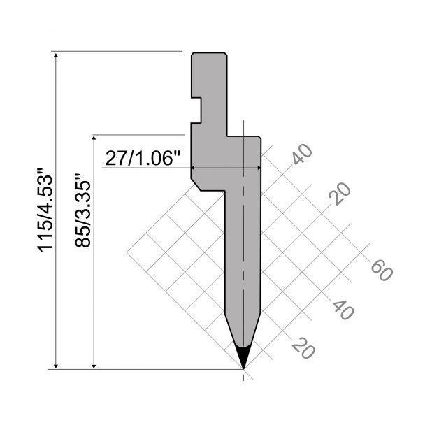 Punch R1 European type with Working height=85mm, α=35°, Radius=0,8mm, Material=C45, Max. load=1000kN/m.