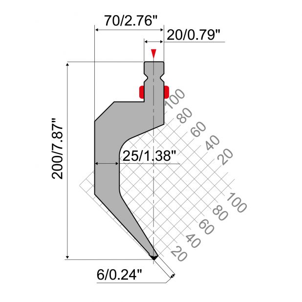 Oberwerkzeug R2 mit Arbeitshöhe=159,5mm, α=85°, Radius=0,8mm, Material=42Cr, Max. Presskraft=600kN/m.