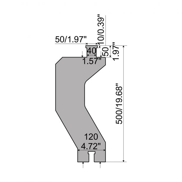 Schwerlast Oberwerkzeug mit einer Höhe von 500mm, Material=42Cr:900-1150 N/mm² und 1.2767:830 N/mm². Maxima