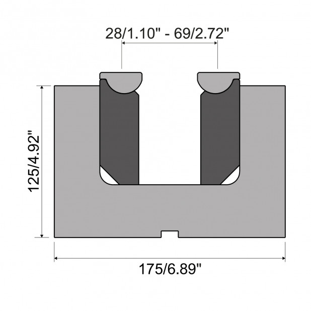 Verstellbare Rolla-V Matrize - Material 42 Cr. - Tragkraft 2500 kN/m. - Min. "V" 28 mm. Max. "V" 69 mm