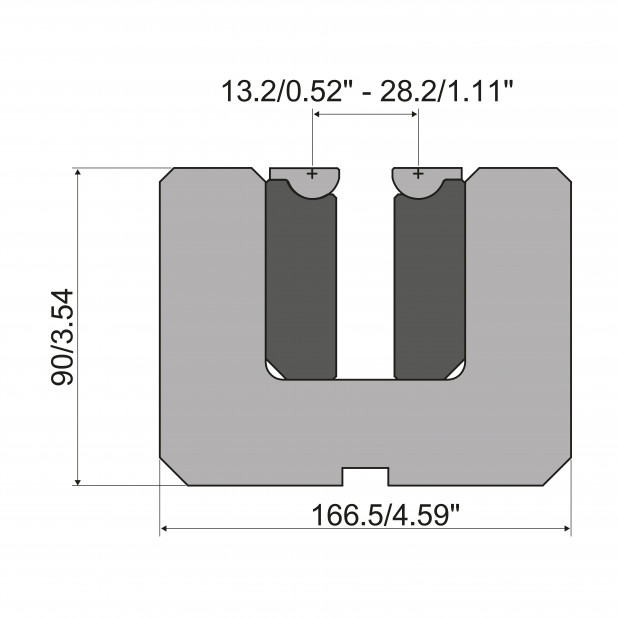Verstellbare Rolla-V Matrize - Material 42 Cr. - Tragkraft 2000 kN/m. - Min. "V" 13.2 mm. Max. "V" 28.2 mm