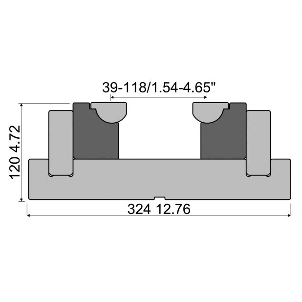 Verstellbare Rolla-V Matrize  mit 60 mm Aufnahme - Material 42 Cr. - Tragkraft 3500 kN/m. - Min. "V" 39 mm. Ma