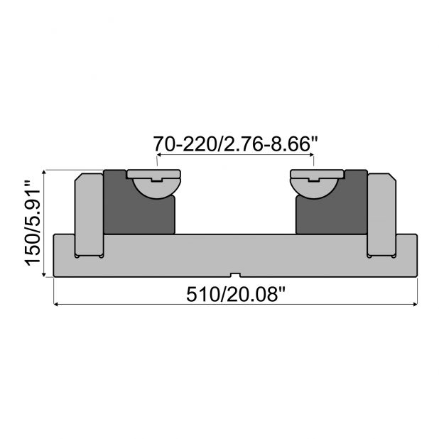 Verstellbare Rolla-V Matrize mit gefräster Nut 12.7mm - Material 42 Cr. - Tragkraft 3500 kN/m. - Min. "V" 70