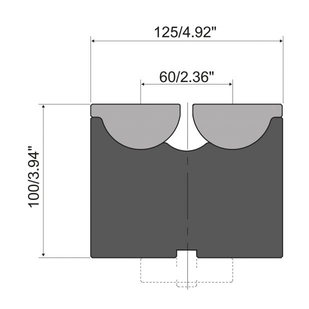 Rolla-V Matrize mit gefräster Nut 13 mm. Serie RVM - Material 42 Cr. - Tragkraft 2500 kN/m. - min. Biegewinke