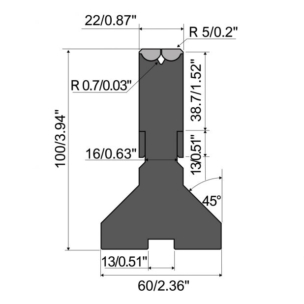 Rolla-V Matrize Serie XT - Material: 42 Cr. Tragkraft 500 kN/m. min. Biegewinkel 60°