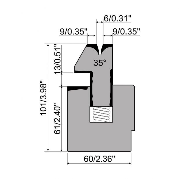 Federgelagerte Zudrückmatrize R1  mit Arbeitshöhe=101mm, α=35°, Radius=1mm, Material=C45, Max. Presskraft=