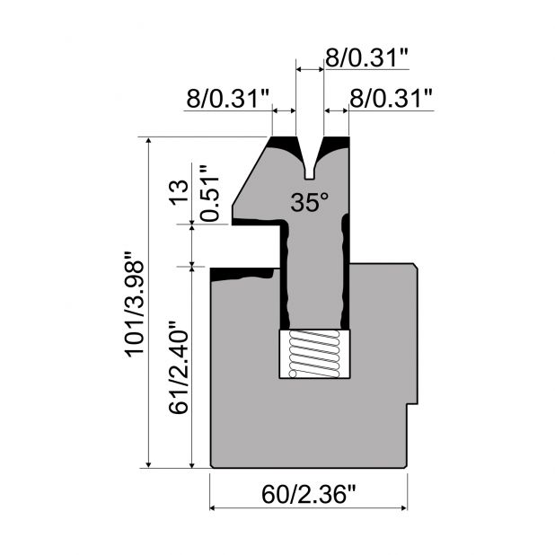 Federgelagerte Zudrückmatrize R1  mit Arbeitshöhe=101mm, α=35°, Radius=1mm, Material=C45, Max. Presskraft=