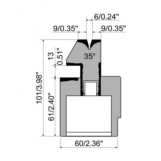 Pneumatische Zudrückmatrize R1 mit Arbeitshöhe=101mm, α=35°, Radius=1mm, Material=C45, Max. Presskraft=600