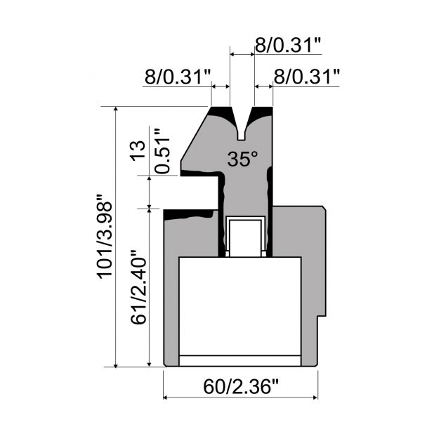 Pneumatische Zudrückmatrize R1 mit Arbeitshöhe=101mm, α=35°, Radius=1mm, Material=C45, Max. Presskraft=600